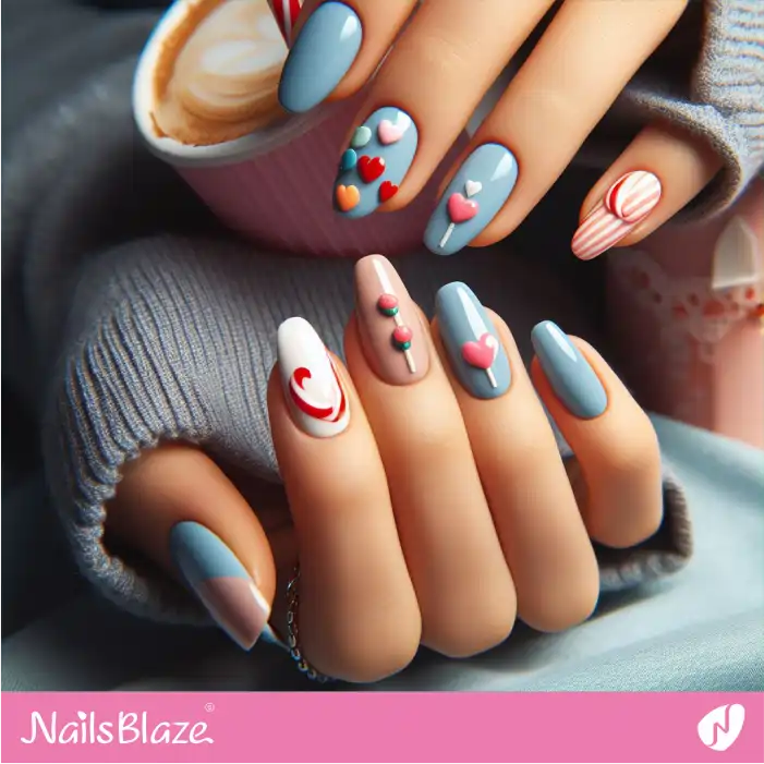 Valentine Blue Nails with Candies | Valentine Nails - NB2281